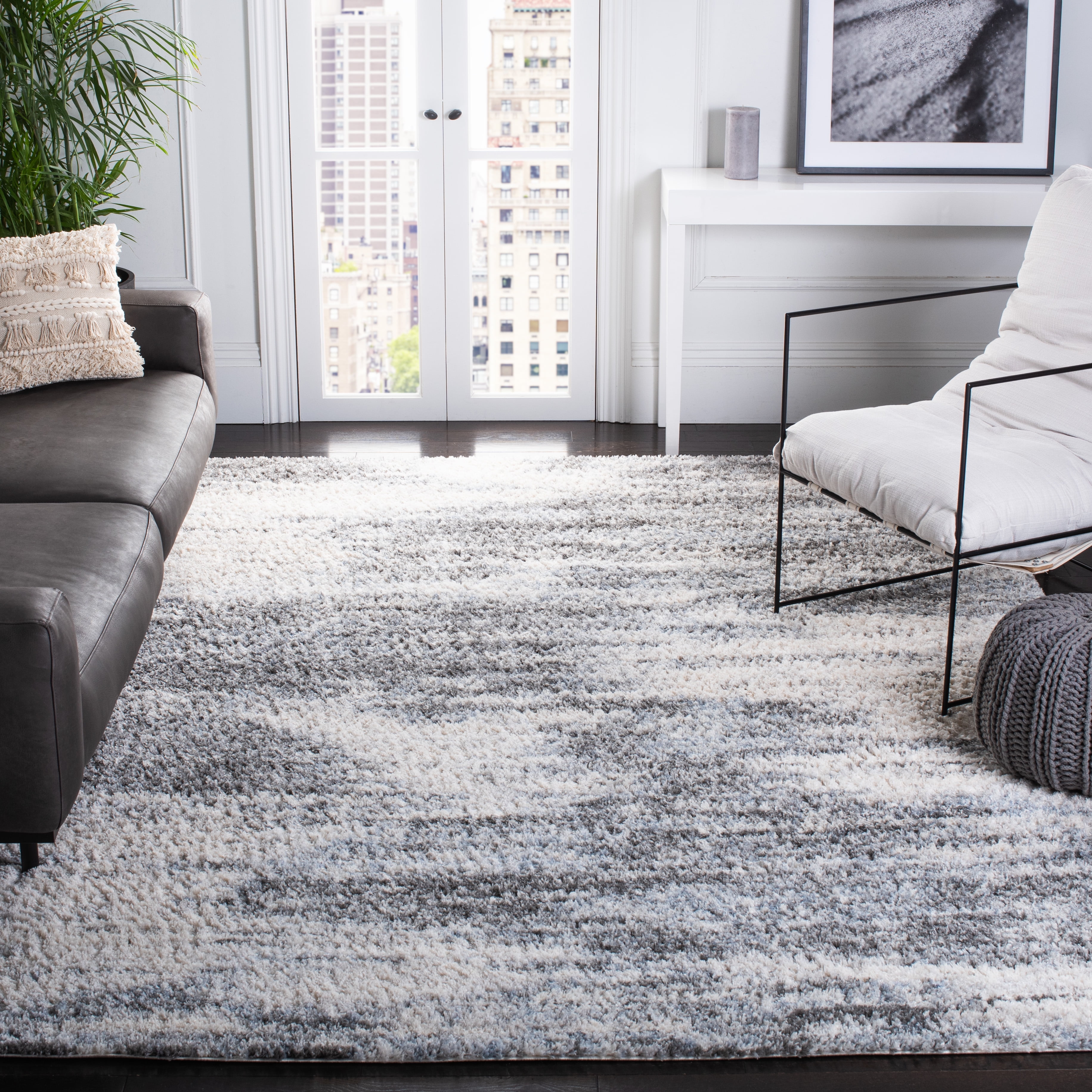 SAFAVIEH Berber Kyler Abstract Shag Area Rug, Ivory/Gray, 9' x 12'