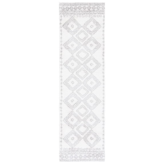 SAFAVIEH Berber Madisyn Abstract Polyester Shag Runner Rug, Ivory/Grey, 2'3" x 8'