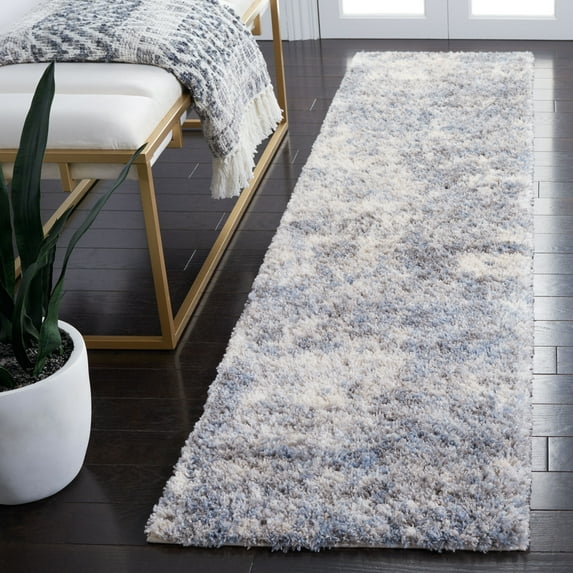 SAFAVIEH Berber Major Abstract Shag Runner Rug, Ivory/Blue, 2' x 12'