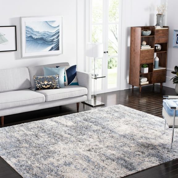 SAFAVIEH Berber Major Abstract Shag Area Rug, Ivory/Blue, 8' x 10'