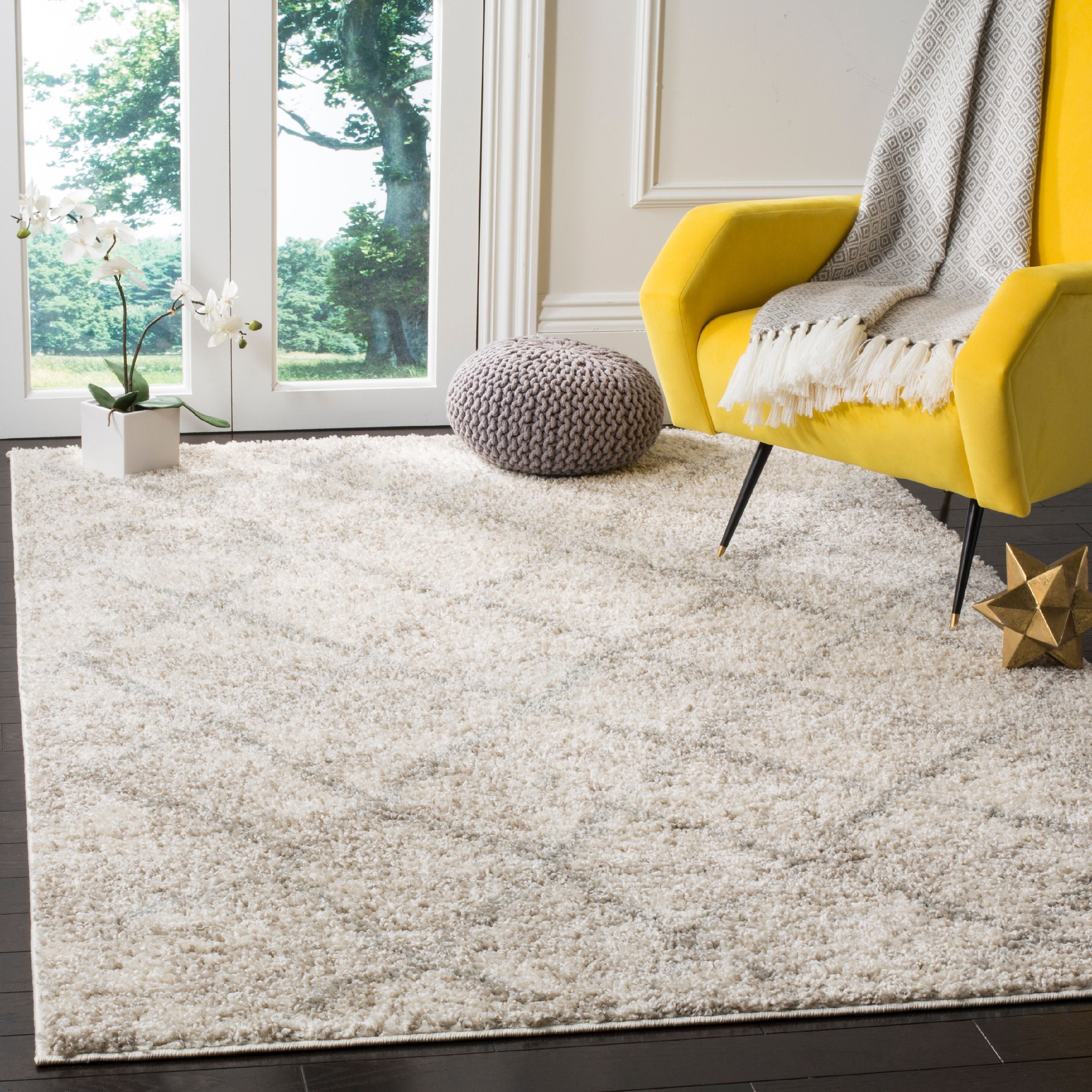 Cream and Light Grey Square Shag Area Rug