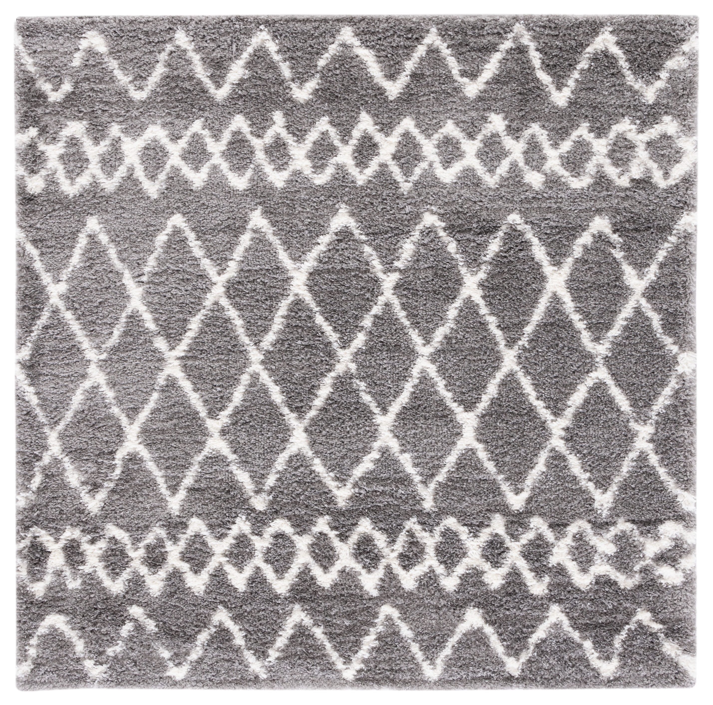 Gray and Cream Square Shag Rug with Geometric Pattern