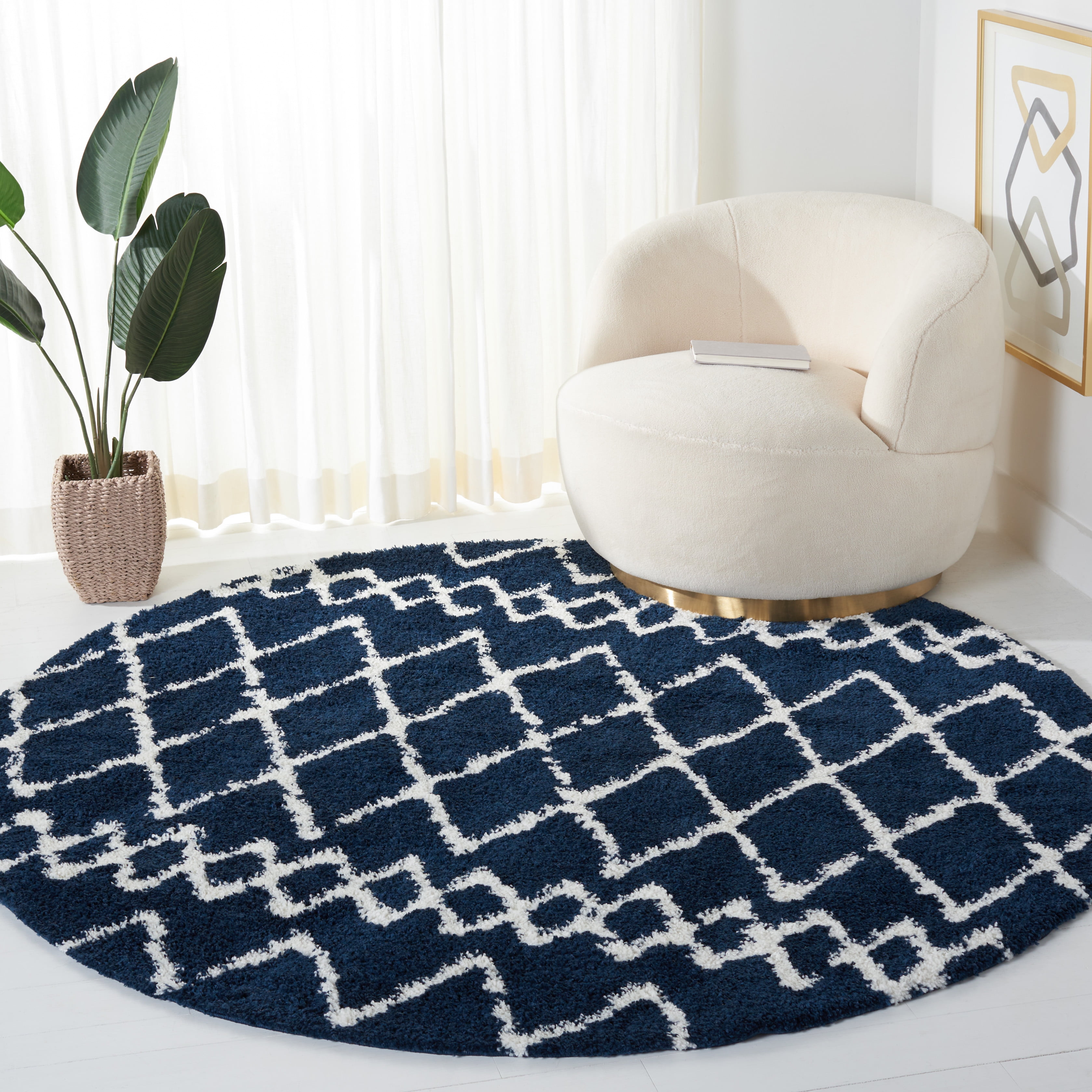 SAFAVIEH Berber Feride Geometric Shag Area Rug, Navy/Ivory, 6'7" x 6'7" Round