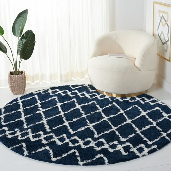 SAFAVIEH Berber Feride Geometric Shag Area Rug, Navy/Ivory, 6'7" x 6'7" Round