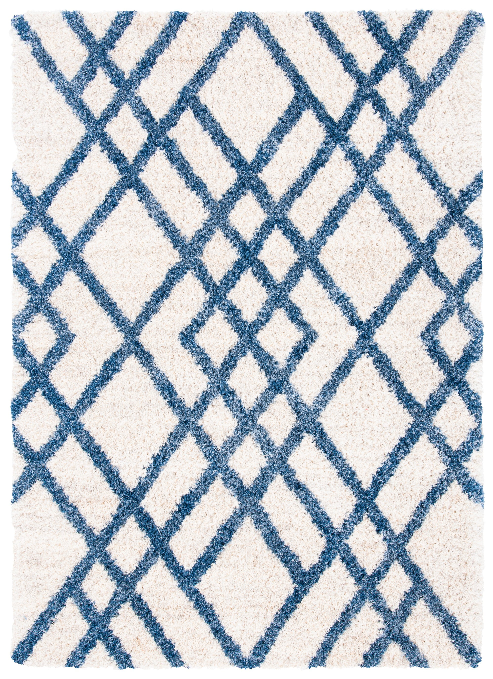 Ivory and Blue Geometric Shag Area Rug, 5'3" x 7'6"