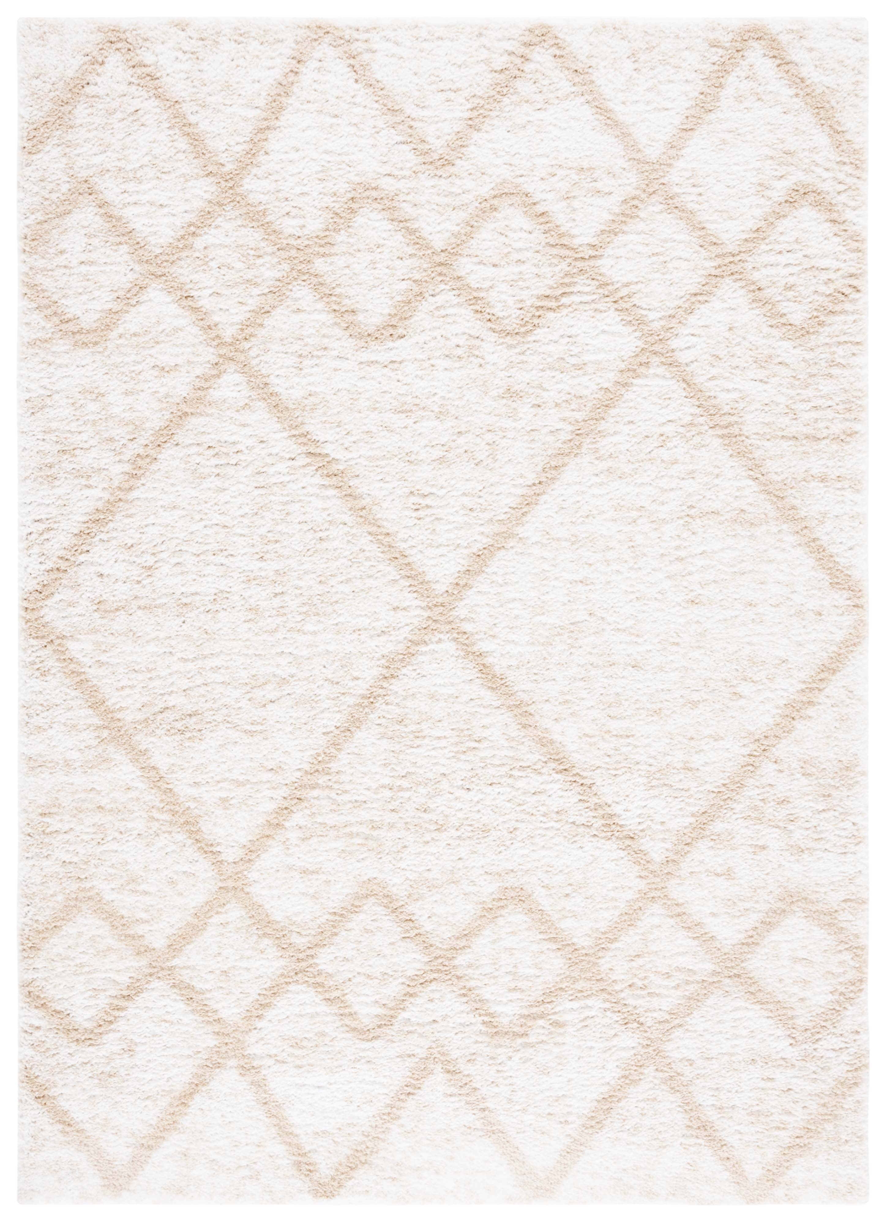 Ivory and Beige Geometric Shag Rug, 9' x 12', Synthetic