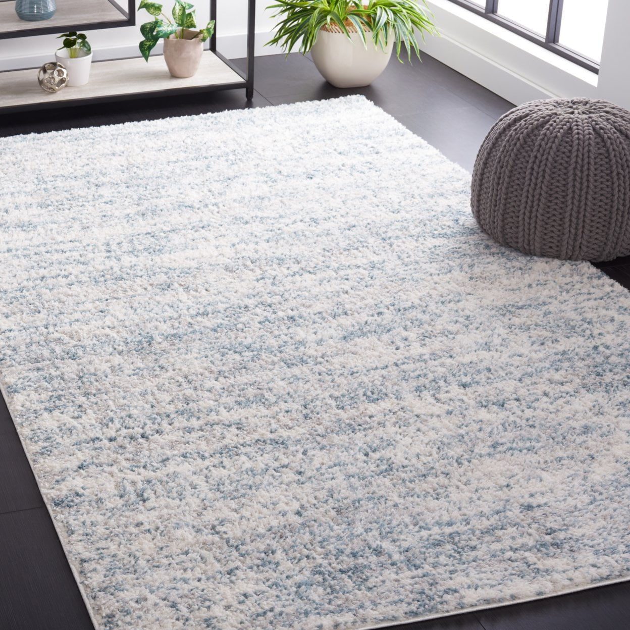 Ivory and Light Aqua Abstract Shag Synthetic Area Rug, 9' x 12'