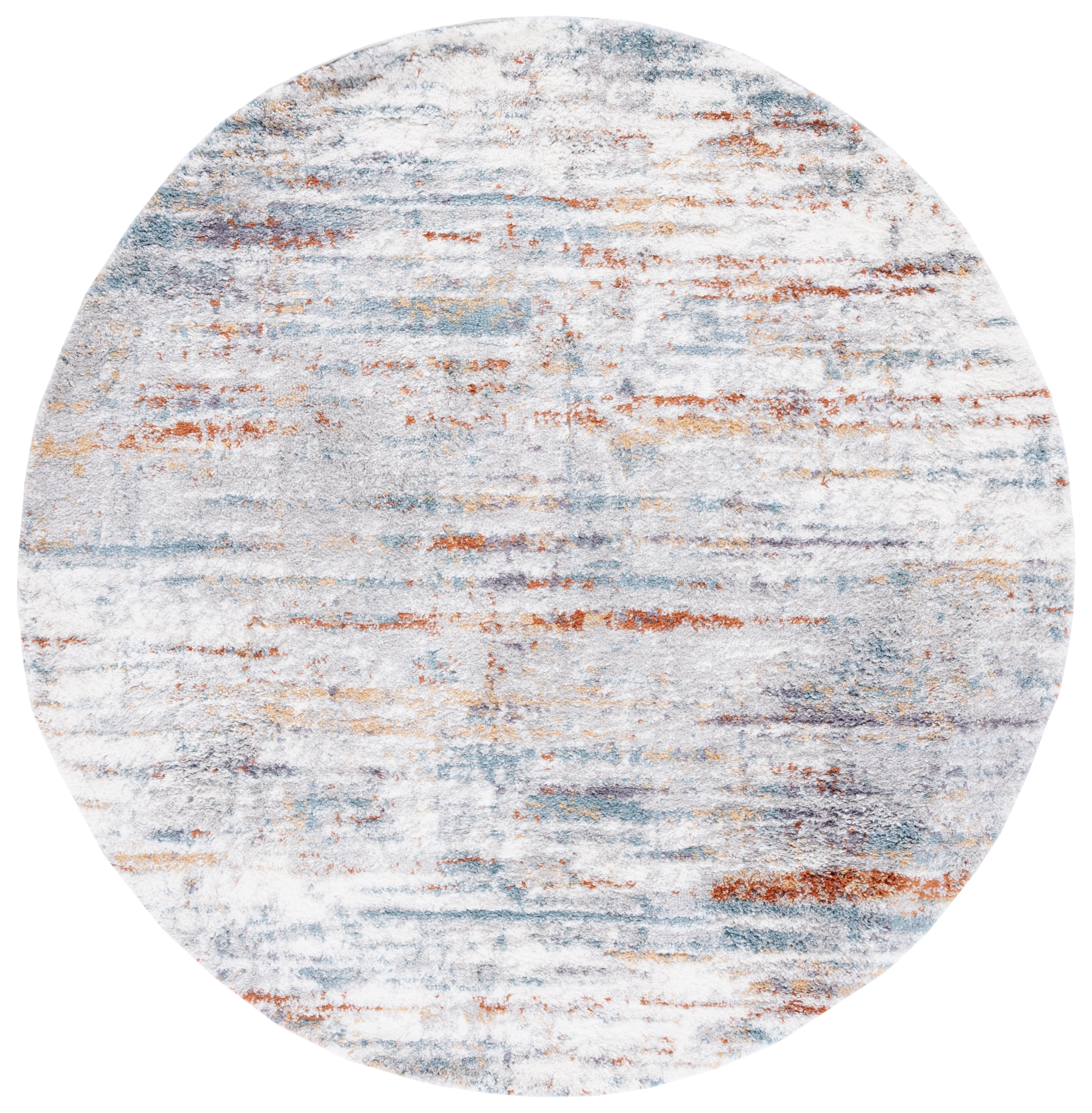 Blue Rust Ivory Round Polyester Shag Area Rug, 5'5"
