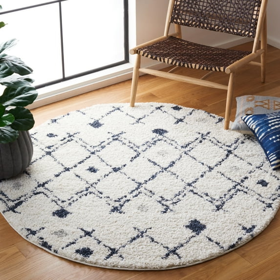 SAFAVIEH Berber Jilliean Geometric Shag Area Rug, Ivory/Dark Gray, 5'1" x 5'1" Round