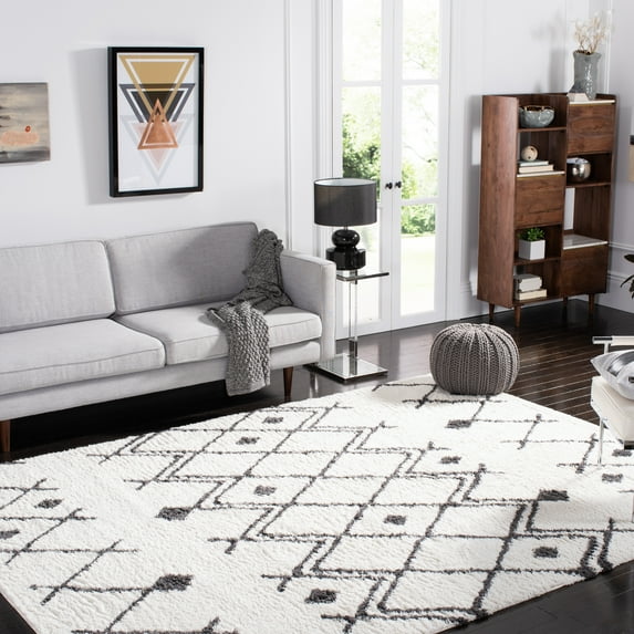 SAFAVIEH Berber Jilliean Geometric Shag Area Rug, Ivory/Dark Gray, 8' x 10'