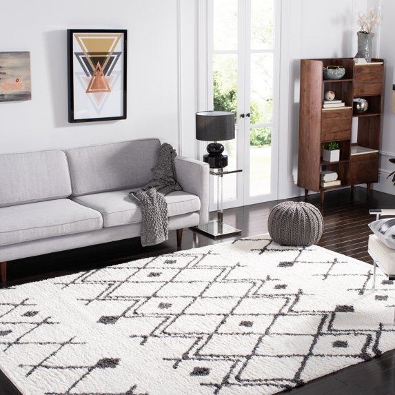 SAFAVIEH Berber Jilliean Geometric Shag Area Rug, Ivory/Dark Gray, 9' x 12'