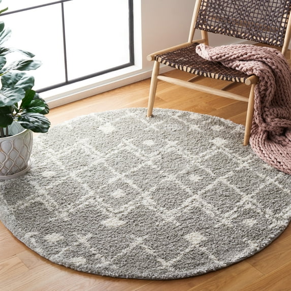 SAFAVIEH Berber Jilliean Geometric Shag Area Rug, Light Gray/Cream, 5'1" x 5'1" Round