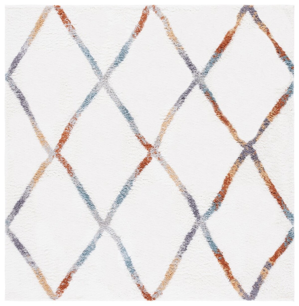 Ivory and Multi Synthetic Square Shag Area Rug, 7'x7'