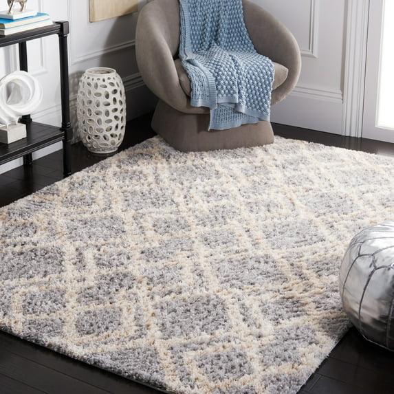 SAFAVIEH Berber Zachary Geometric Shag Area Rug, Gray/Cream, 5'3" x 5'3" Square