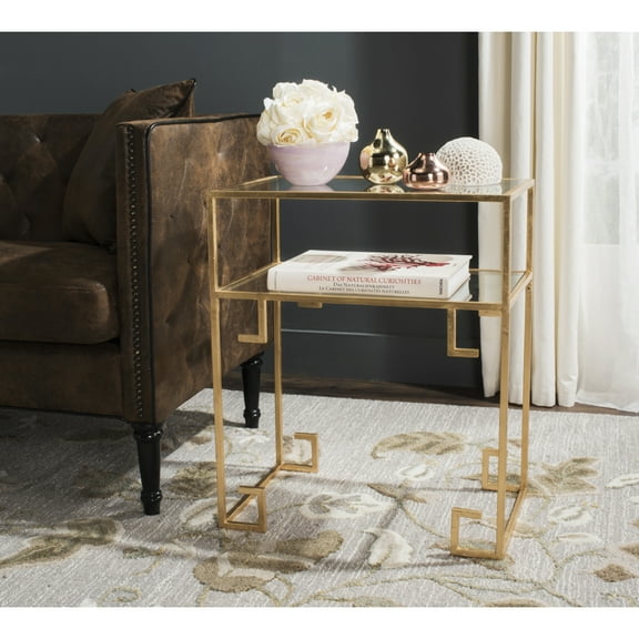 SAFAVIEH Berdine Solid Glass Top Greek Key Table with Shelf, Gold/Mirror