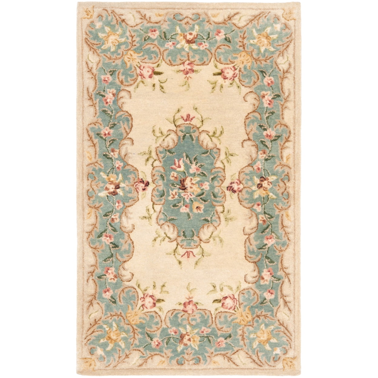 Ivory and Light Blue Hand-Tufted Wool Area Rug, 3' x 5'