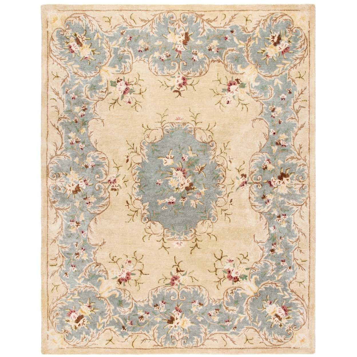 Ivory and Light Blue Hand-Tufted Wool Round Rug, 8' x 10'