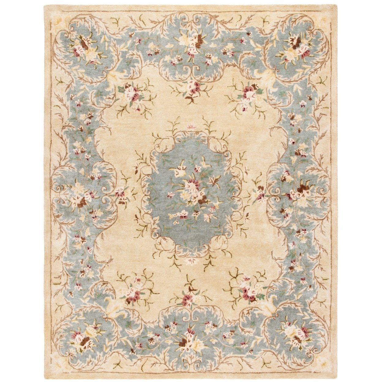 Ivory and Light Blue Rectangular Hand-Tufted Wool Area Rug