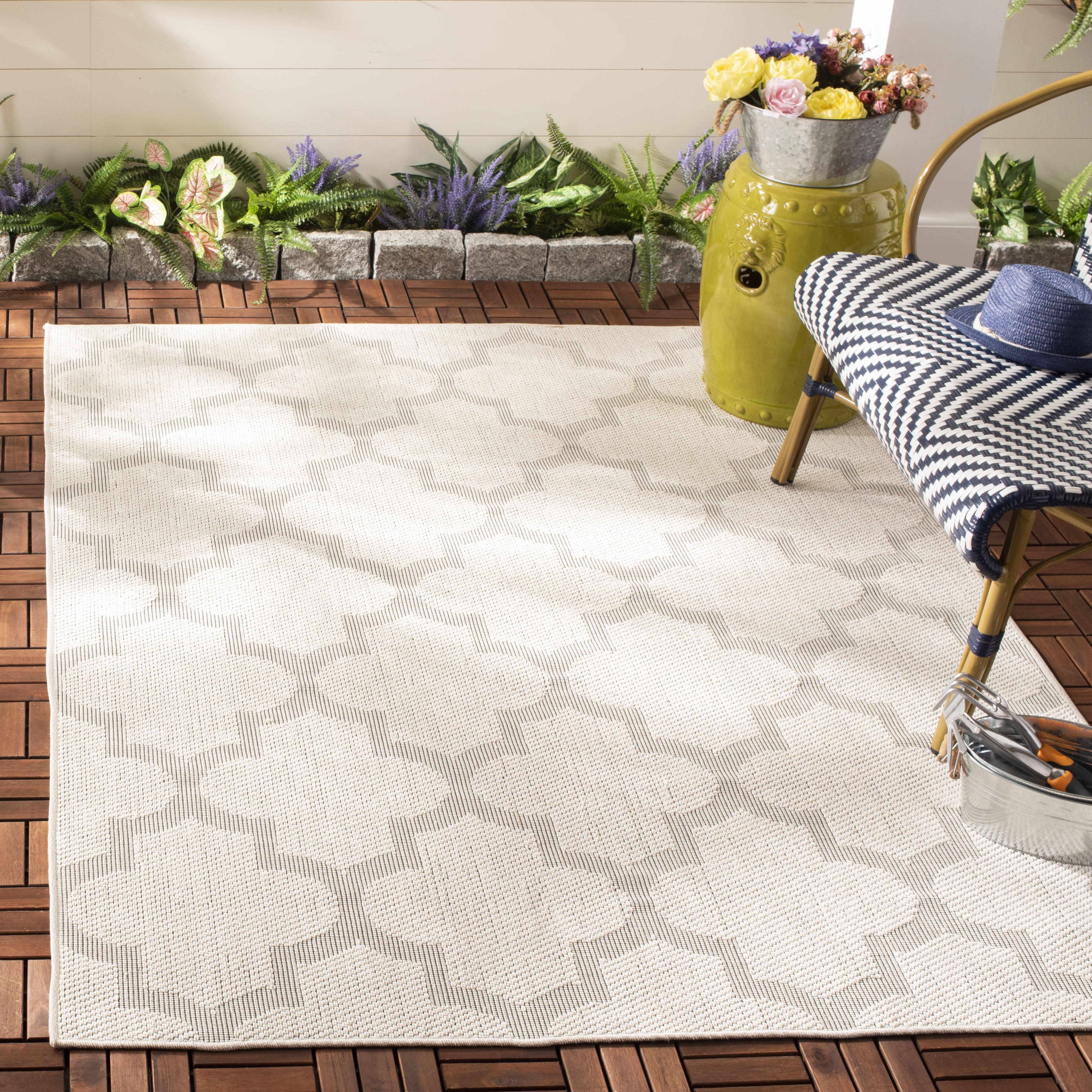 Ivory and Light Grey Geometric Synthetic 9' x 12' Area Rug
