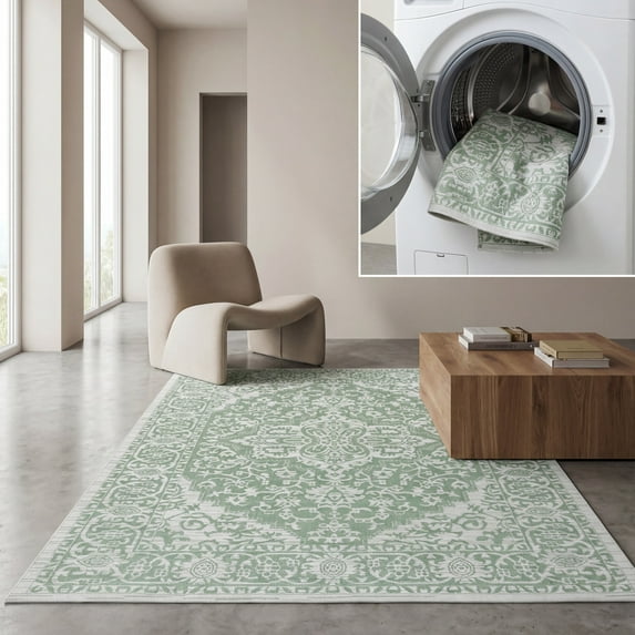 SAFAVIEH Machine Washable Rug Indoor/Outdoor Bermuda Collection - Bermuda Albert Abstract Indoor/Outdoor Area Rug, Green/Ivory, 5'3" x 7'6"