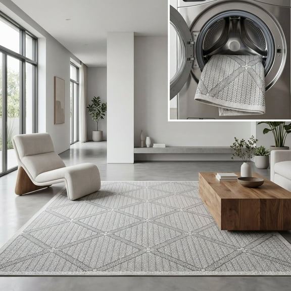 SAFAVIEH Machine Washable Rug Indoor/Outdoor Bermuda Collection - Bermuda Carleen Geometric Indoor/Outdoor Area Rug, Cream/Grey, 8' x 8' Square