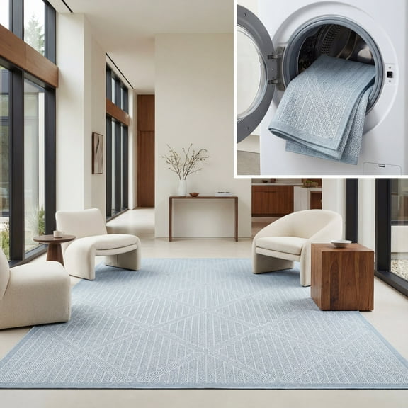 SAFAVIEH Machine Washable Rug Indoor/Outdoor Bermuda Collection - Bermuda Carleen Geometric Indoor/Outdoor Area Rug, Light Blue/Ivory, 5'3" x 5'3" Square