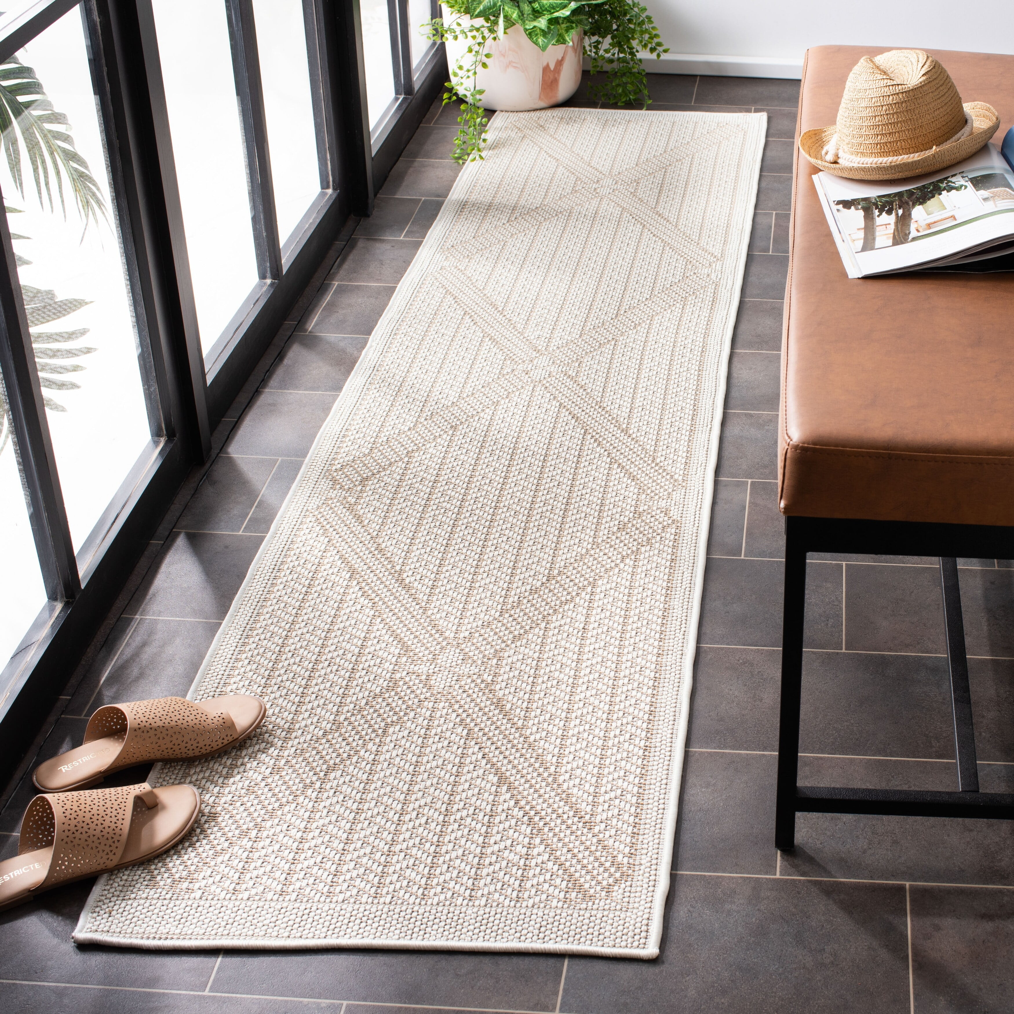 SAFAVIEH Machine Washable Rug Indoor/Outdoor Bermuda Collection - Bermuda Carleen Geometric Indoor/Outdoor Runner Rug, Cream/Beige, 2' x 16'
