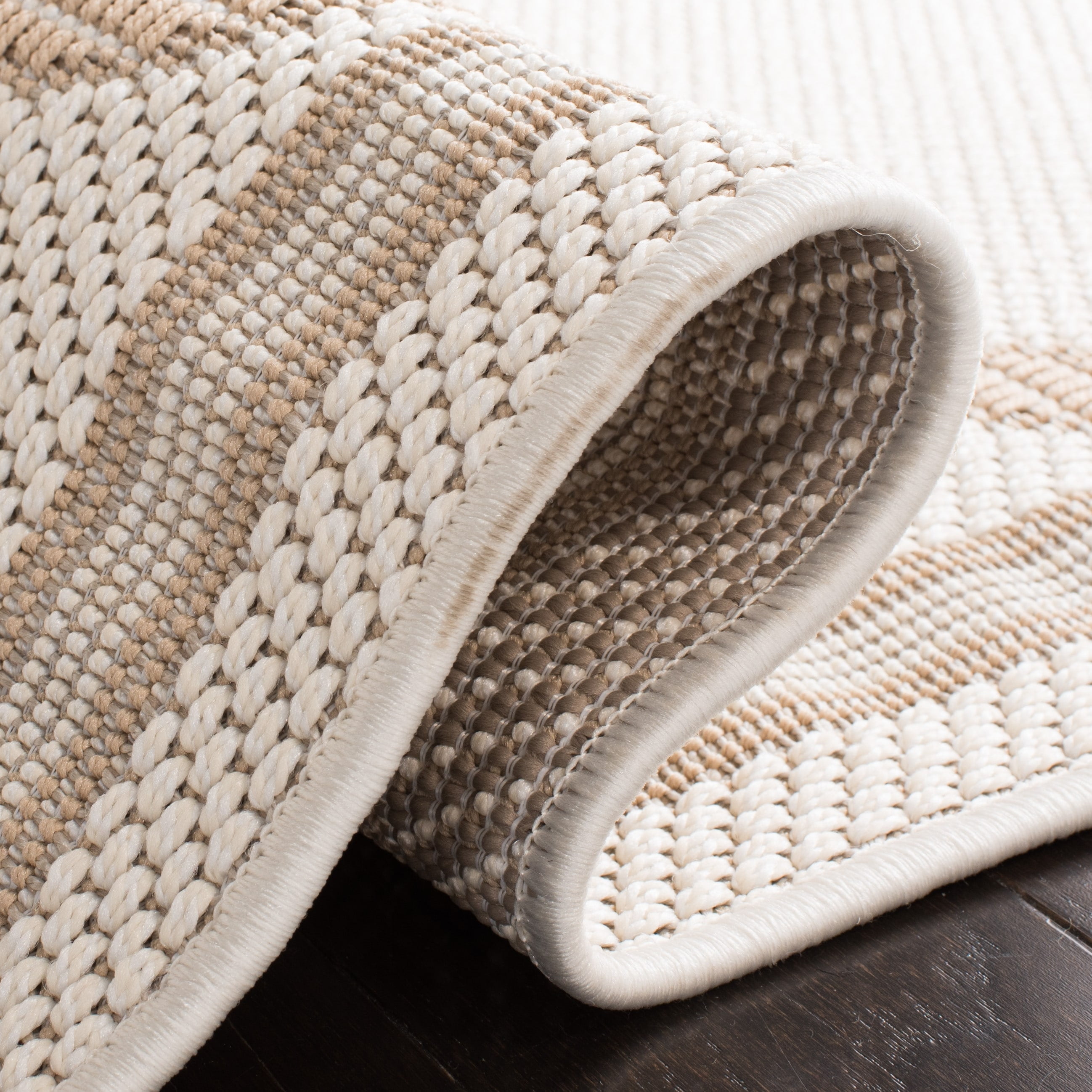 Ivory Beige Geometric Square Indoor Outdoor Rug 6'7"