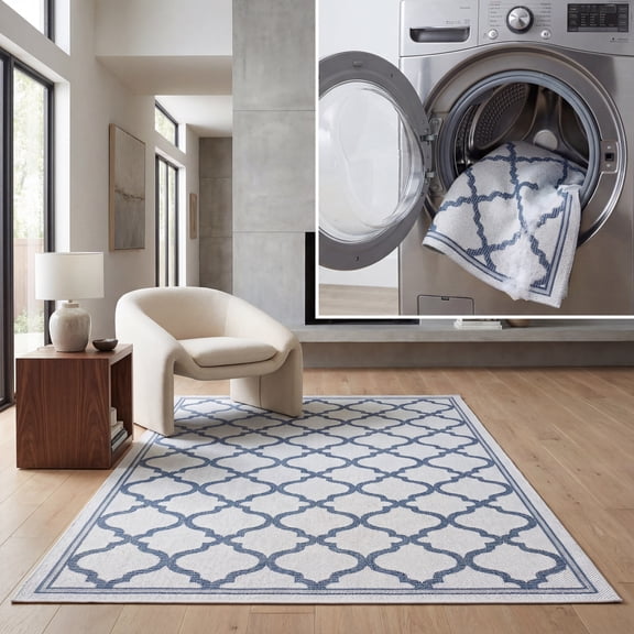 SAFAVIEH Machine Washable Rug Indoor/Outdoor Bermuda Collection - Bermuda Corie Geometric Quatrefoil Indoor/Outdoor Area Rug Ivory/Charcoal, 9' x 12'