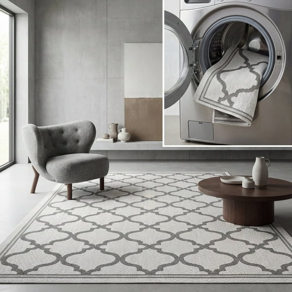 SAFAVIEH Machine Washable Rug Indoor/Outdoor Bermuda Collection - Bermuda Corie Geometric Quatrefoil Indoor/Outdoor Area Rug Ivory/Grey, 6'7" x 6'7" Square