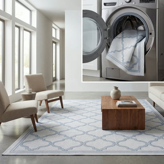 SAFAVIEH Machine Washable Rug Indoor/Outdoor Bermuda Collection - Bermuda Corie Geometric Quatrefoil Indoor/Outdoor Area Rug Ivory/Light Blue, 6'7" x 6'7" Square