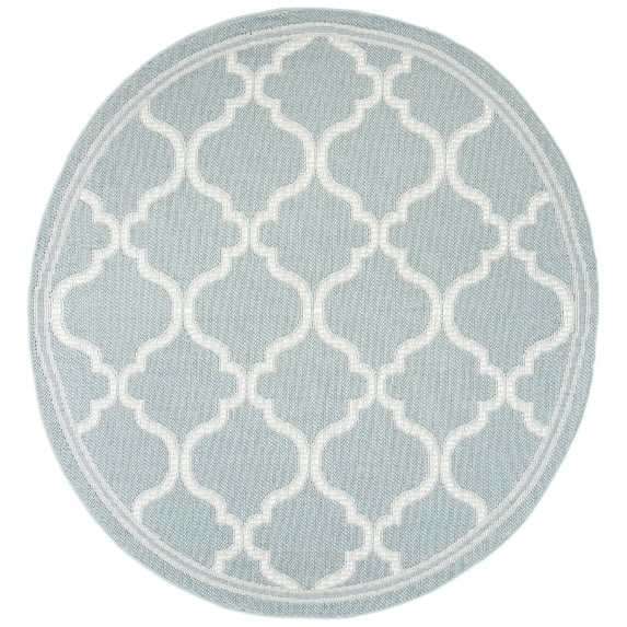 SAFAVIEH Machine Washable Rug Indoor/Outdoor Bermuda Collection - Bermuda Corie Geometric Quatrefoil Indoor/Outdoor Area Rug Light Blue/Ivory, 6'7" x 6'7" Round