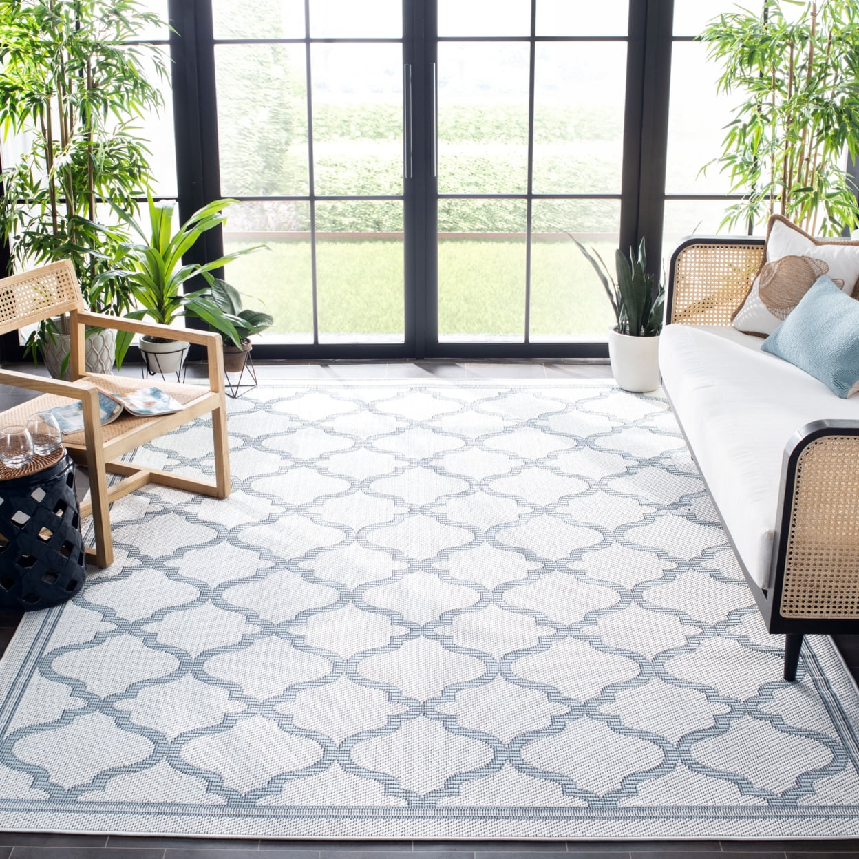 Ivory and Light Blue Geometric Synthetic Runner Rug, 2' x 8'