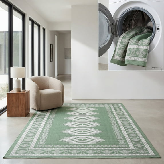 SAFAVIEH Machine Washable Rug Indoor/Outdoor Bermuda Collection - Bermuda Fredrick Geometric Indoor/Outdoor Area Rug, Green/Ivory, 5'3" x 7'6"
