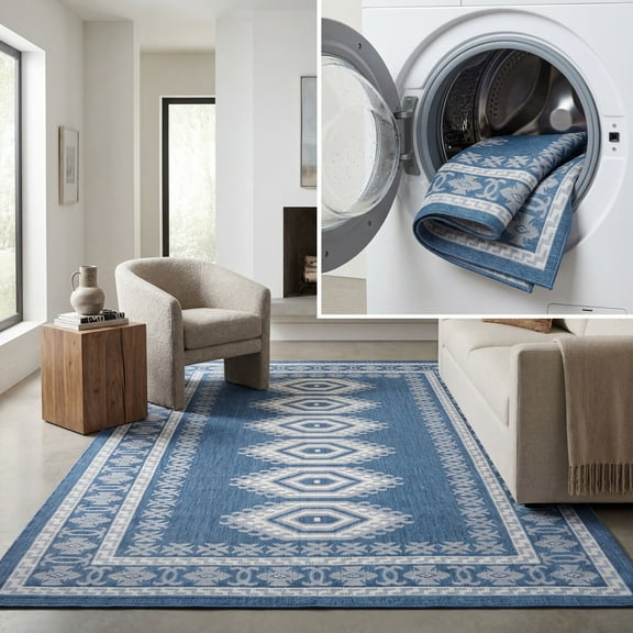 SAFAVIEH Machine Washable Rug Indoor/Outdoor Bermuda Collection - Bermuda Fredrick Geometric Indoor/Outdoor Area Rug, Navy/Ivory, 4' x 6'