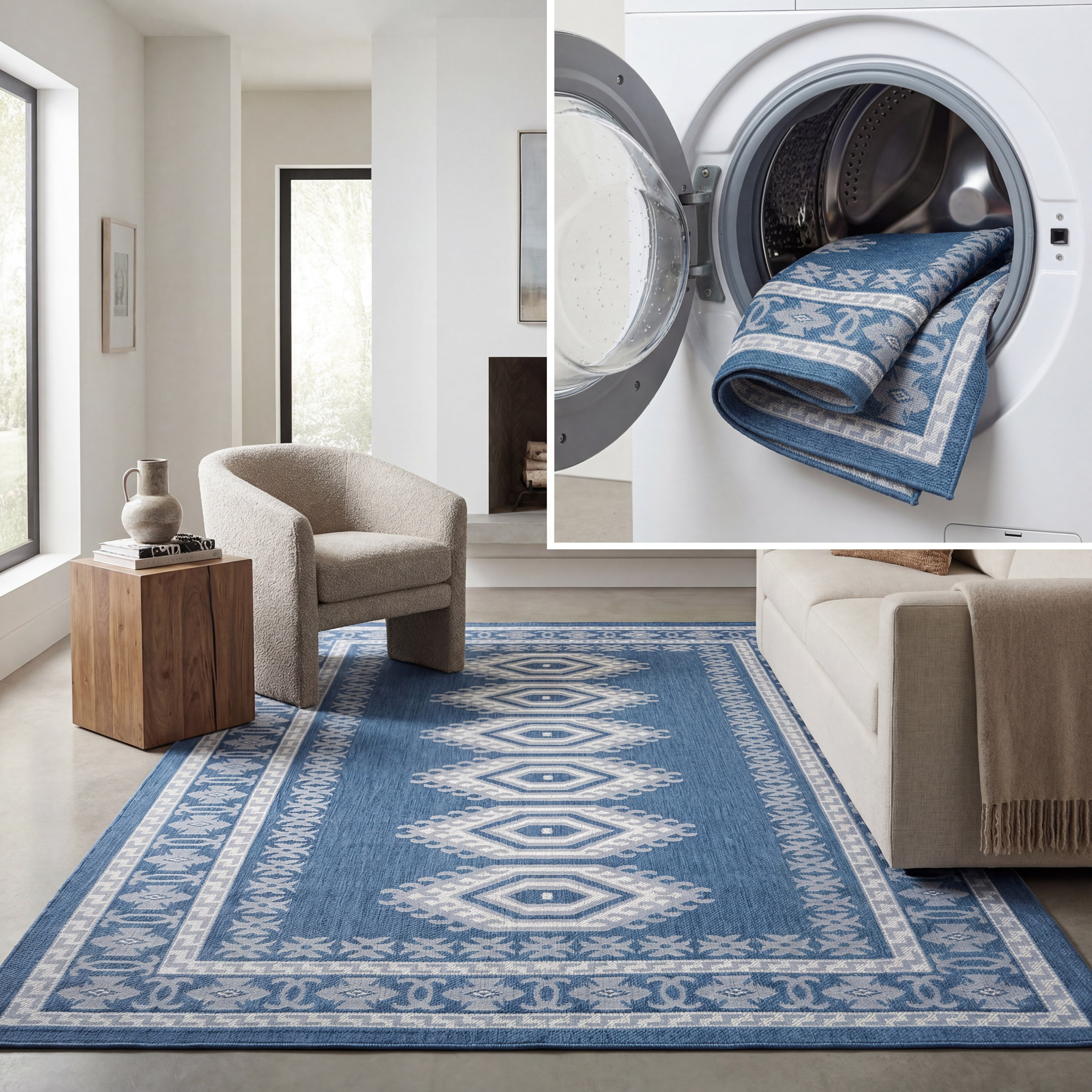 SAFAVIEH Machine Washable Rug Indoor/Outdoor Bermuda Collection - Bermuda Fredrick Geometric Indoor/Outdoor Area Rug, Navy/Ivory, 6'7" x 6'7" Square