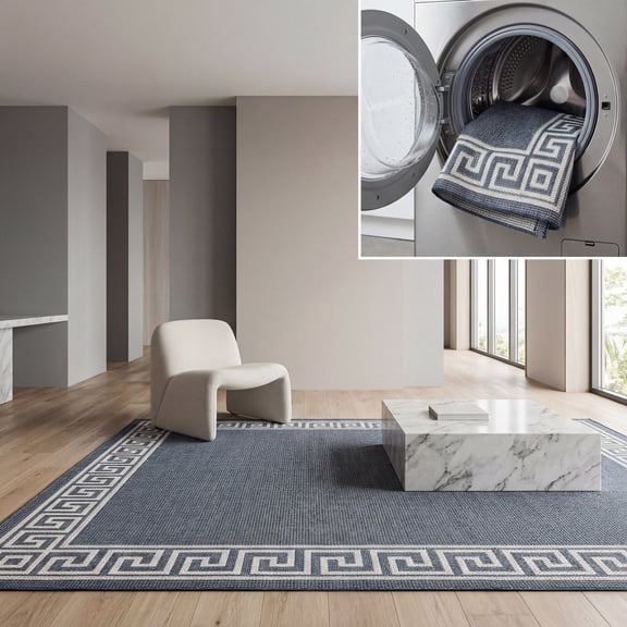 SAFAVIEH Machine Washable Rug Indoor/Outdoor Bermuda Collection - Bermuda Isidora Geometric Machine Washable Indoor/Outdoor Area Rug, Dark Blue/Ivory, 5'3" x 5'3" Square
