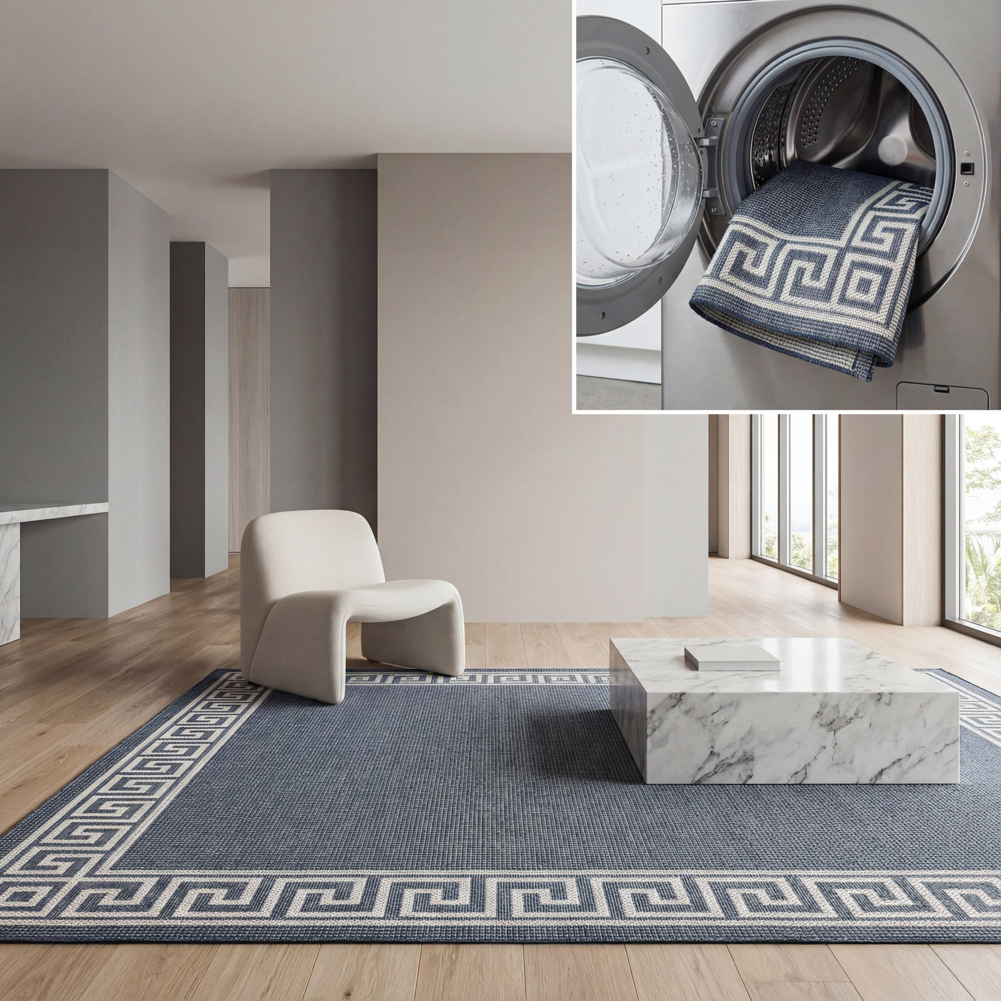SAFAVIEH Machine Washable Rug Indoor/Outdoor Bermuda Collection - Bermuda Isidora Geometric Machine Washable Indoor/Outdoor Area Rug, Dark Blue/Ivory, 8' x 8' Square