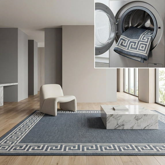 SAFAVIEH Machine Washable Rug Indoor/Outdoor Bermuda Collection - Bermuda Isidora Geometric Machine Washable Indoor/Outdoor Area Rug, Dark Blue/Ivory, 8' x 8' Square