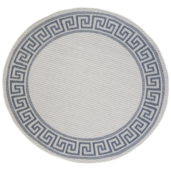SAFAVIEH Machine Washable Rug Indoor/Outdoor Bermuda Collection - Bermuda Isidora Geometric Machine Washable Indoor/Outdoor Area Rug, Ivory/Blue, 5'3" x 5'3" Round