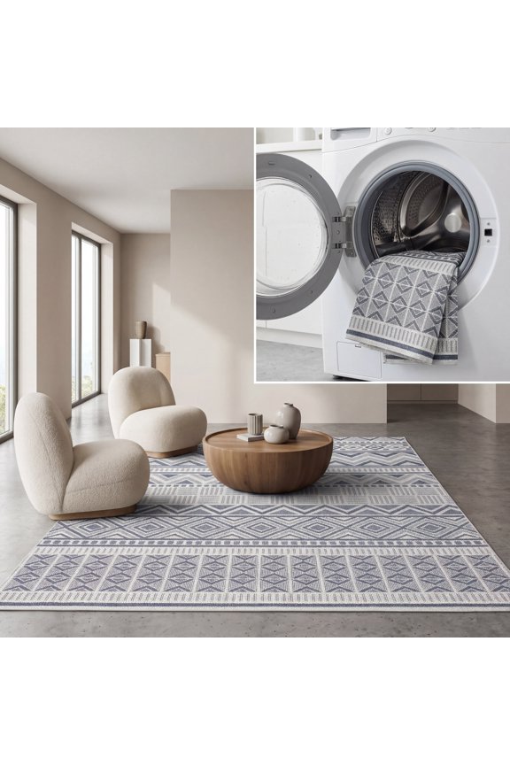 Machine Washable Rug Indoor/Outdoor Bermuda Collection - Bermuda Jacinth Geometric Machine Washable Indoor/Outdoor Area Rug, Cream/Navy, 2' x 4'