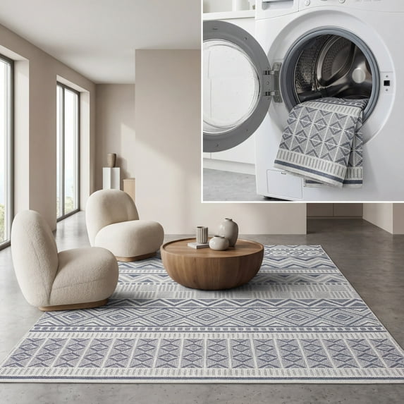 SAFAVIEH Machine Washable Rug Indoor/Outdoor Bermuda Collection - Bermuda Jacinth Geometric Machine Washable Indoor/Outdoor Area Rug, Cream/Navy, 2' x 4'