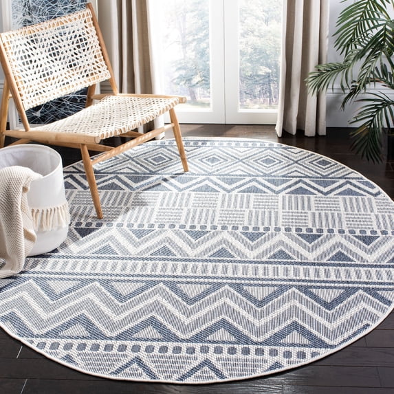 SAFAVIEH Machine Washable Rug Indoor/Outdoor Bermuda Collection - Bermuda Jacinth Geometric Machine Washable Indoor/Outdoor Area Rug, Cream/Navy, 6'7" x 6'7" Round