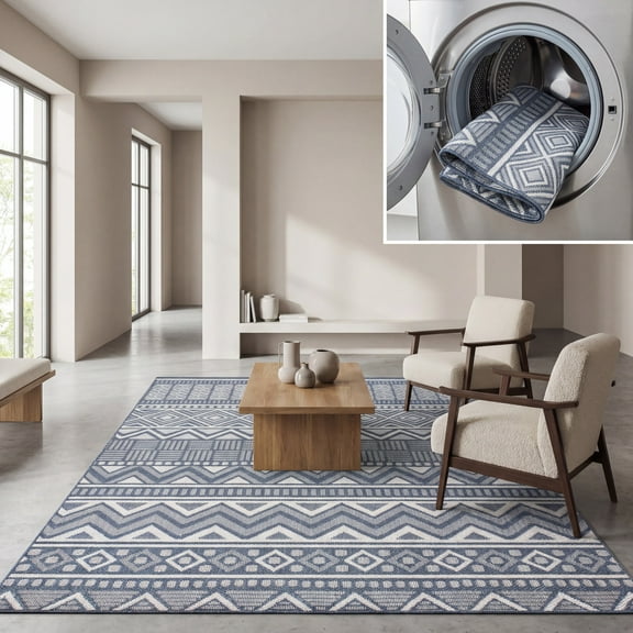 SAFAVIEH Machine Washable Rug Indoor/Outdoor Bermuda Collection - Bermuda Jacinth Geometric Machine Washable Indoor/Outdoor Area Rug, Navy/Cream, 5'3" x 7'6"