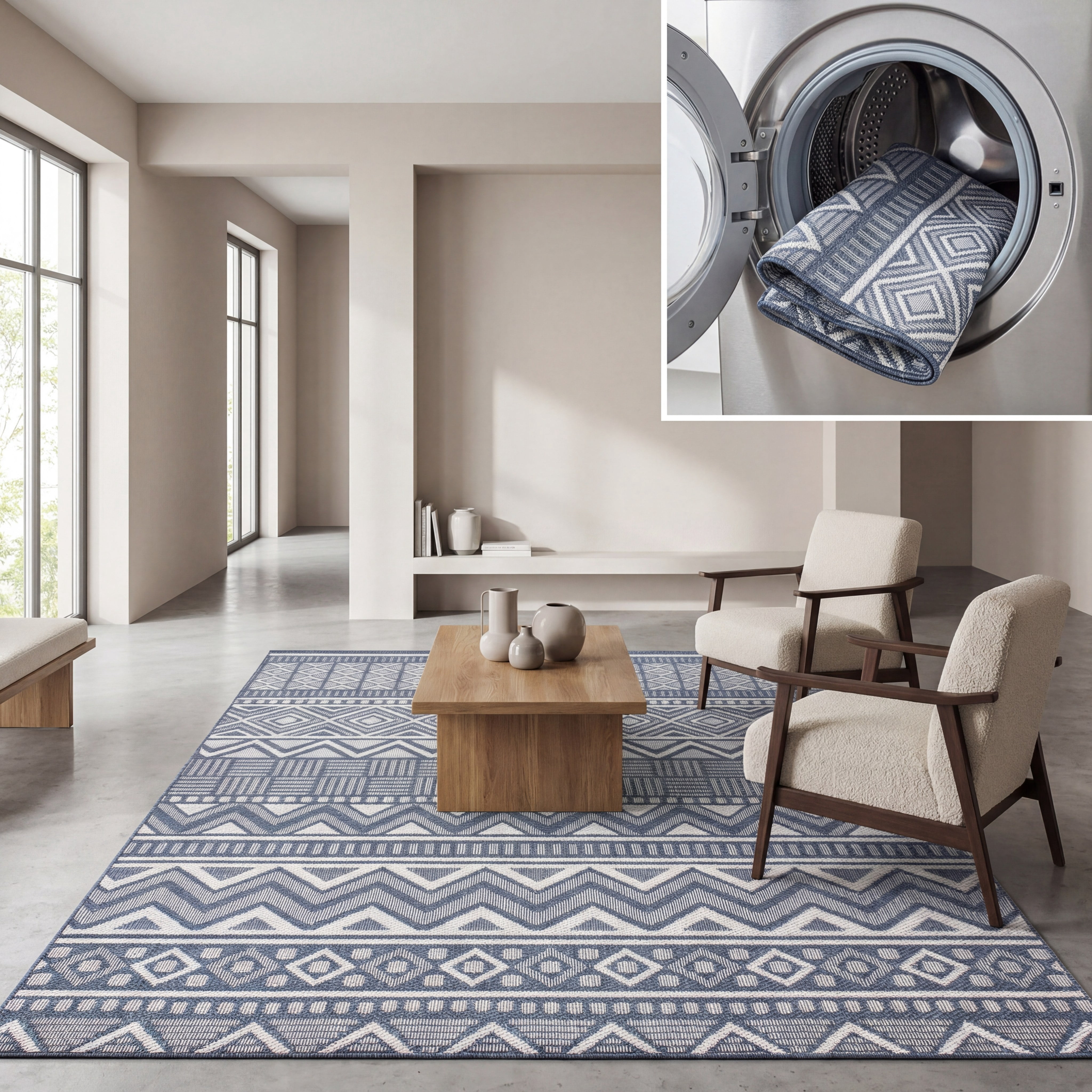 SAFAVIEH Machine Washable Rug Indoor/Outdoor Bermuda Collection - Bermuda Jacinth Geometric Machine Washable Indoor/Outdoor Area Rug, Navy/Cream, 8' x 10'