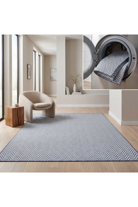Machine Washable Rug Indoor/Outdoor Bermuda Collection - Bermuda Kandace Geometric Machine Washable Indoor/Outdoor Area Rug, Blue/Cream, 3' x 5'
