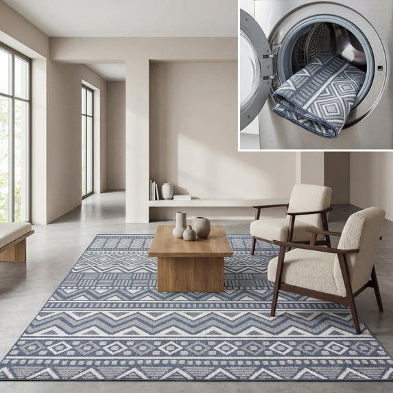 SAFAVIEH Machine Washable Rug Indoor/Outdoor Bermuda Collection - Bermuda Kieron Geometric Indoor/Outdoor Area Rug Navy/Cream, 6'7" x 6'7" Square