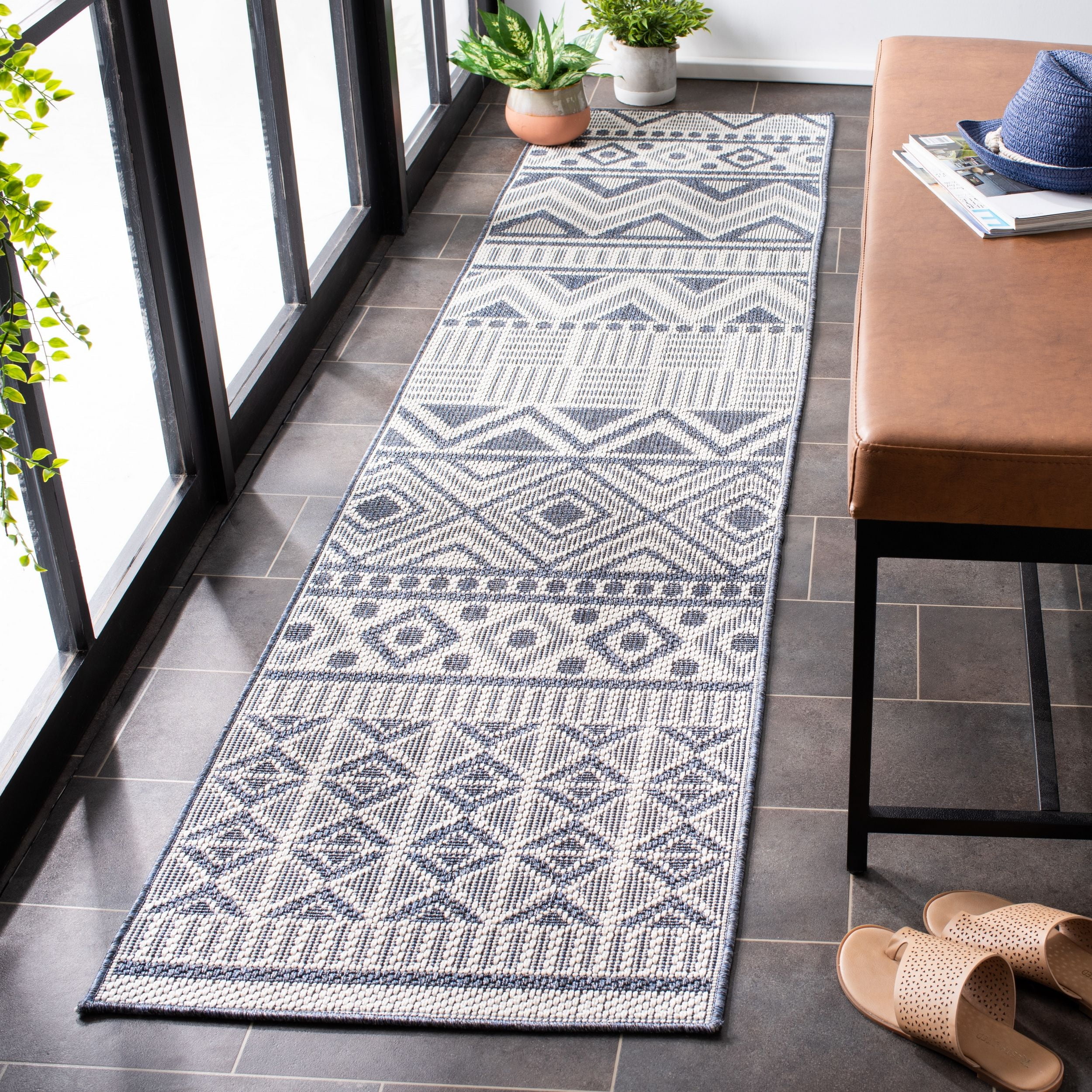 Cream and Navy Geometric Flat Woven Runner Rug 2' x 8'