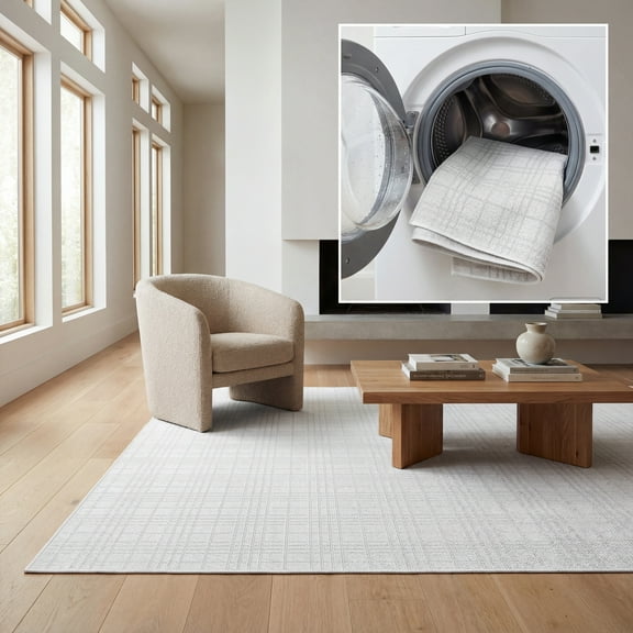 SAFAVIEH Machine Washable Rug Indoor/Outdoor Bermuda Collection - Bermuda Lavern Geometric Machine Washable Indoor/Outdoor Area Rug, Ivory/Light Grey, 6'7" x 9'2"