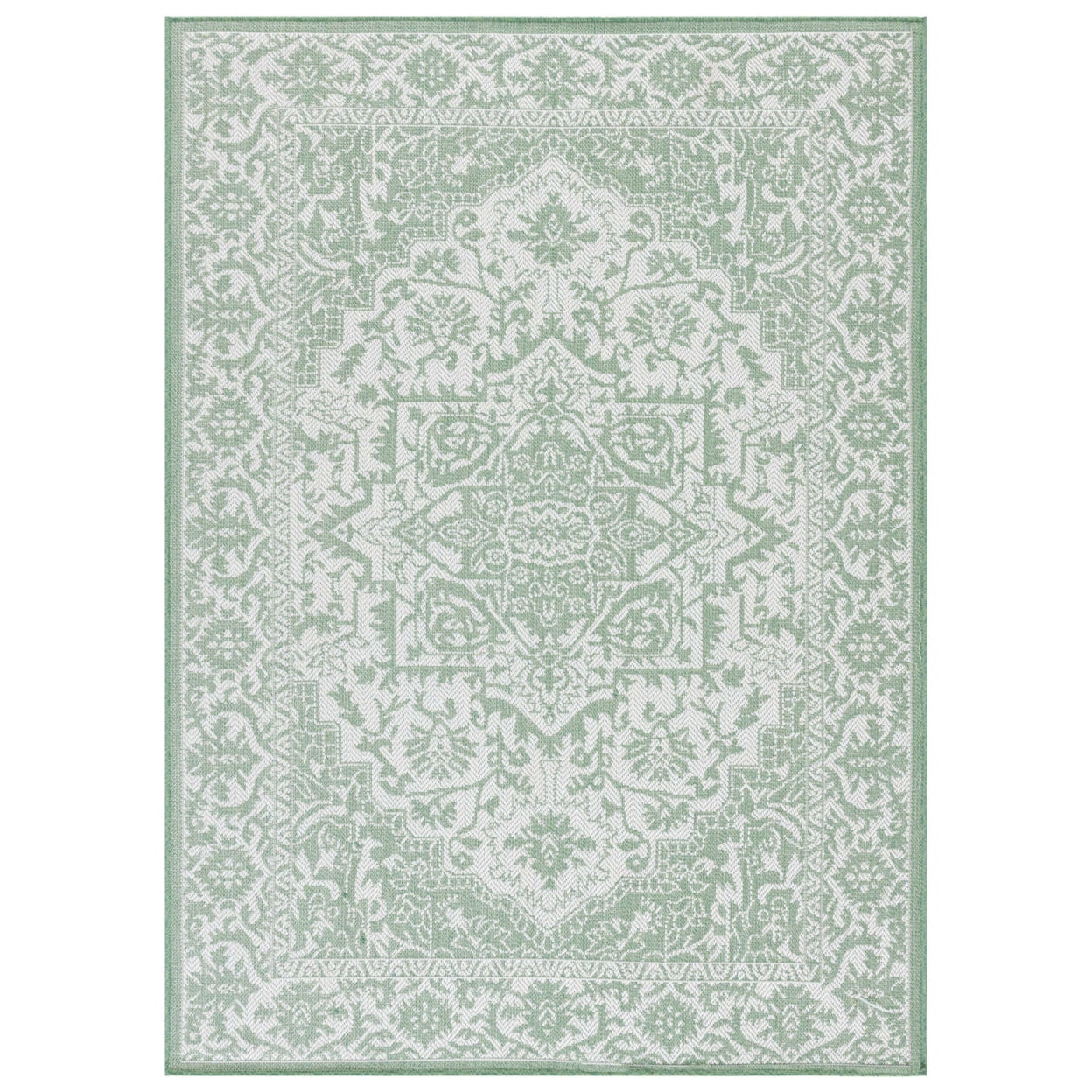 Medium Green and Ivory Synthetic Rectangular Area Rug